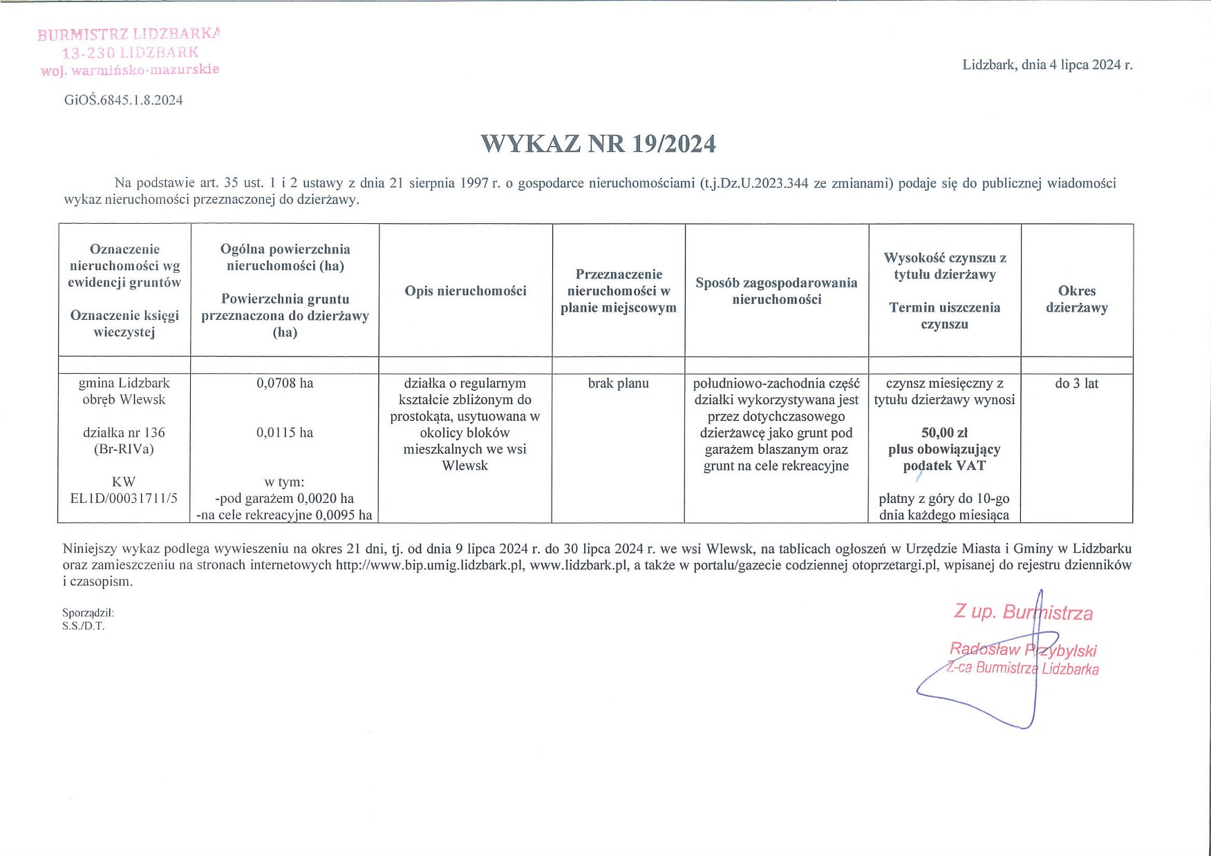 Wykaz Nr 19/2024 - Nieruchomość gruntowa do dzierżawy - Obr. Wlewsk,  dz. nr 136